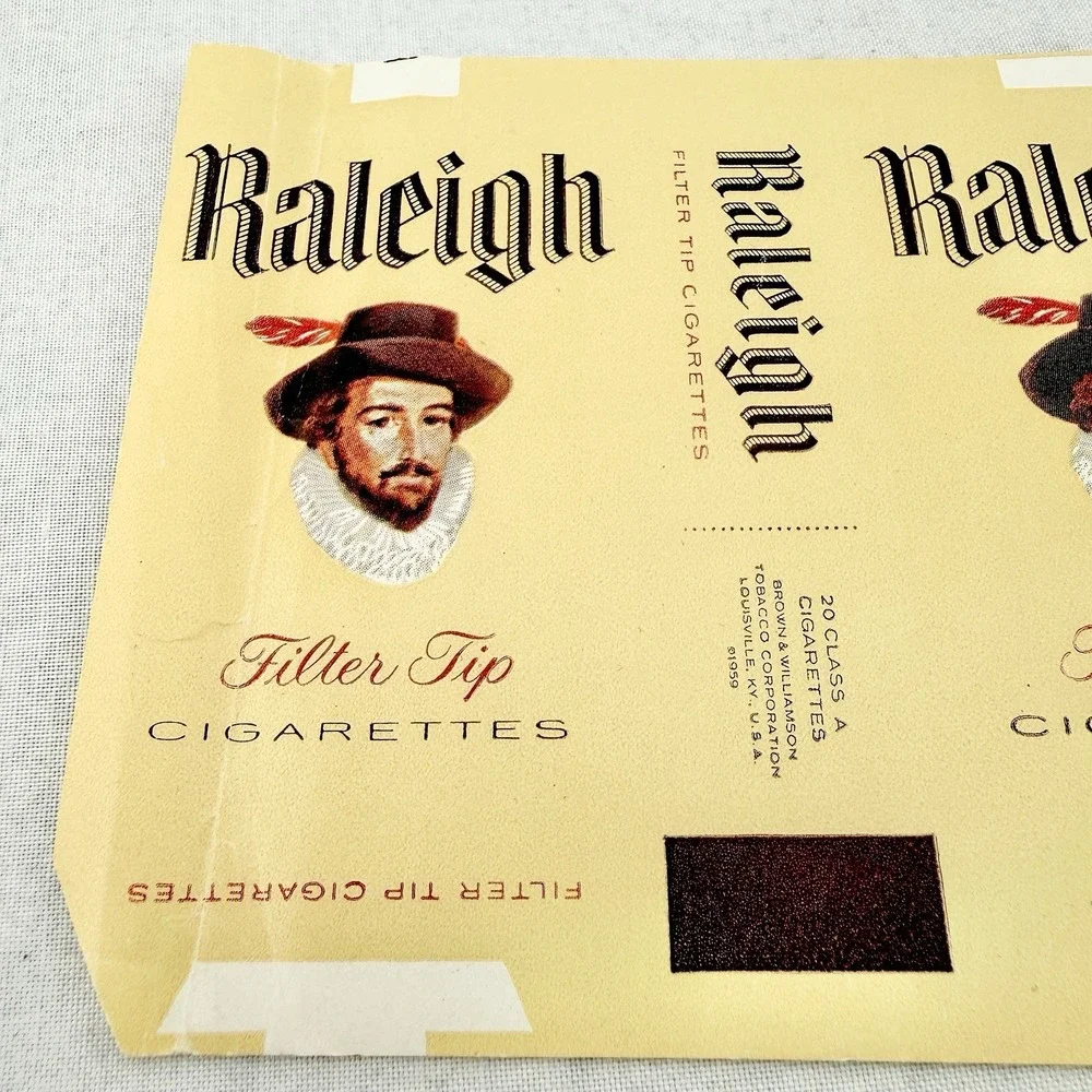 Vintage Raleigh Cigarettes Packaging Label 1960s Filter Tip Soft Pack Paper